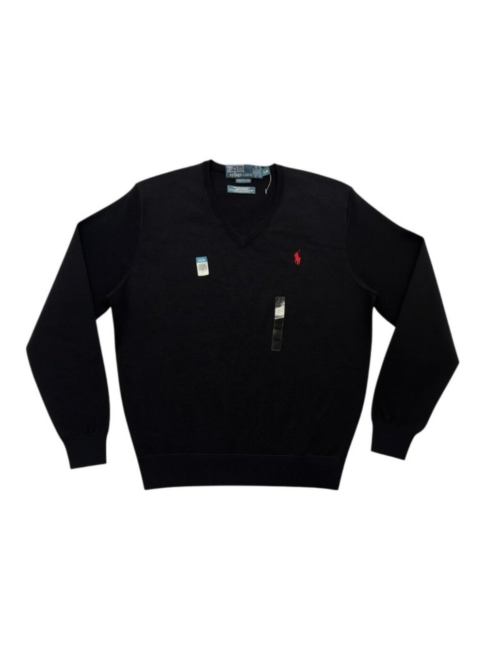 Polo Ralph Lauren Lg Black V-Neck 100% Merino Wool Sweater Red Pony Logo NWT